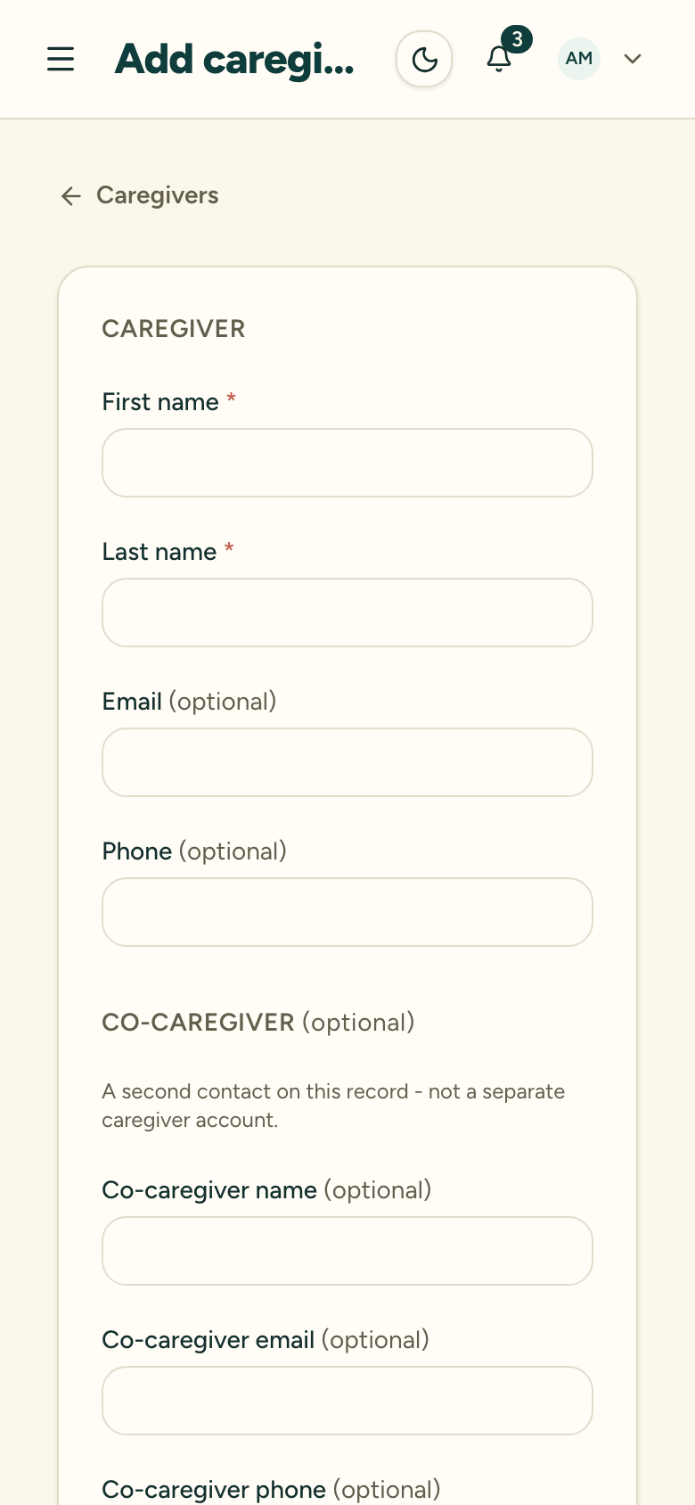 The top of the new caregiver form, with the required First name and Last name fields, the optional Email and Phone fields, and the co-caregiver section