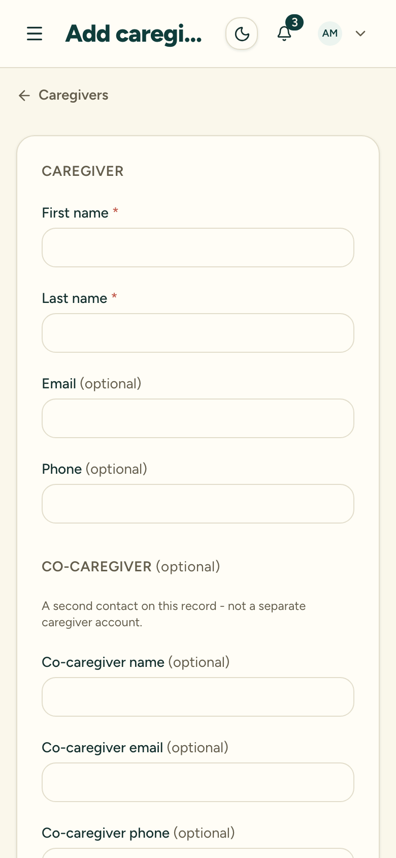 The top of the new caregiver form, with the required First name and Last name fields, the optional Email and Phone fields, and the co-caregiver section