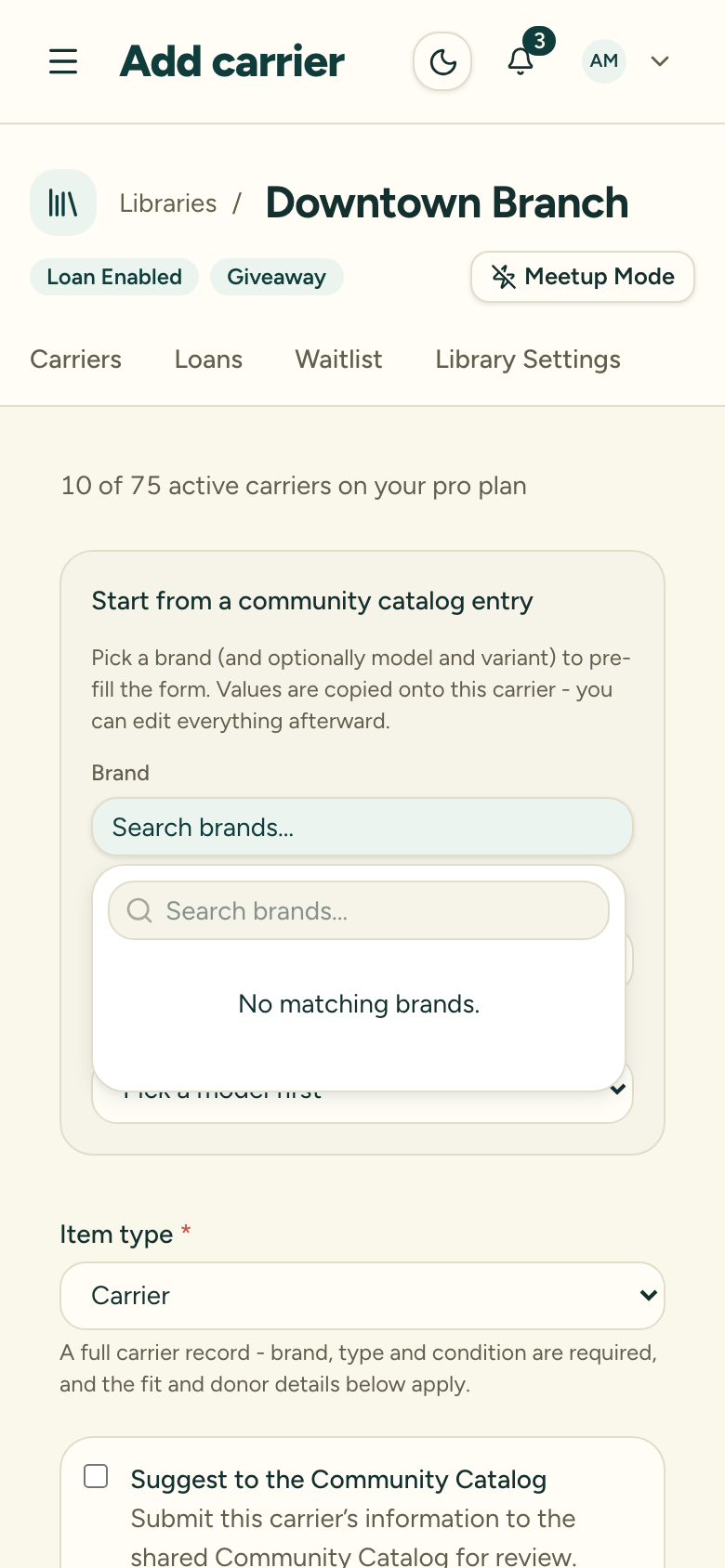 The add-carrier catalog picker for choosing a brand, model, and variant to pre-fill the form