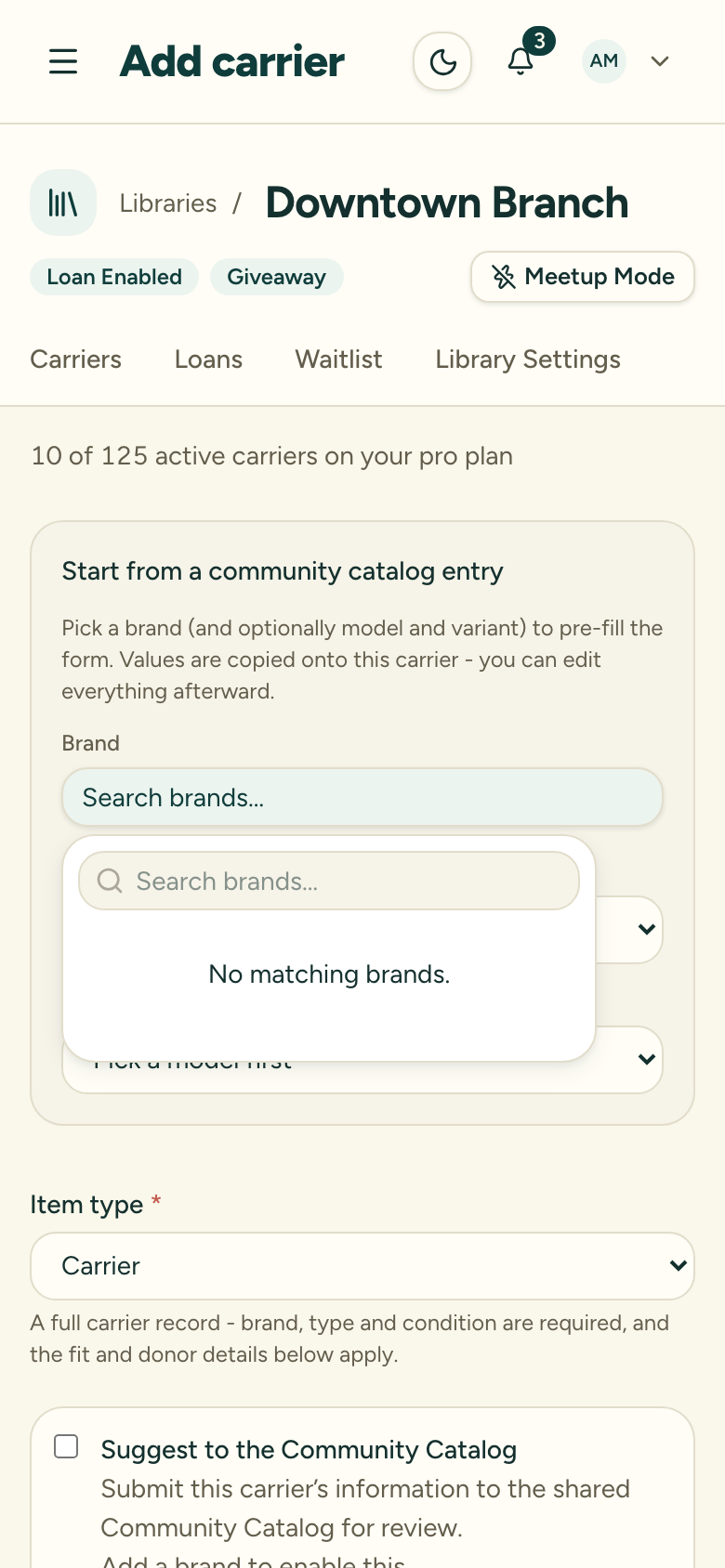 The add-carrier catalog picker for choosing a brand, model, and variant to pre-fill the form