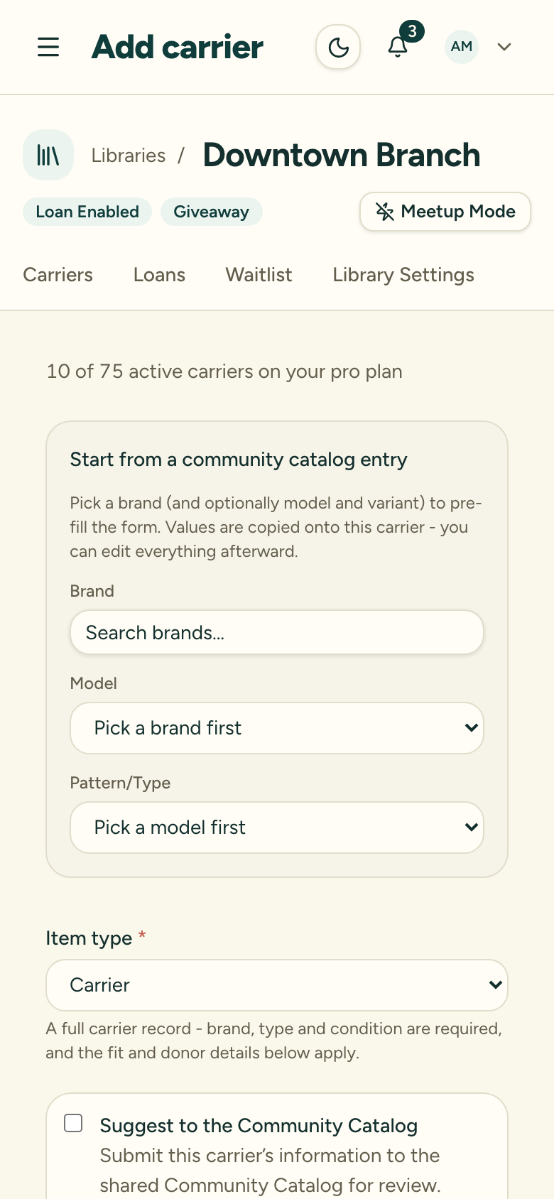 The top of the add-carrier form, showing the optional community-catalog pre-fill card above the Item type field