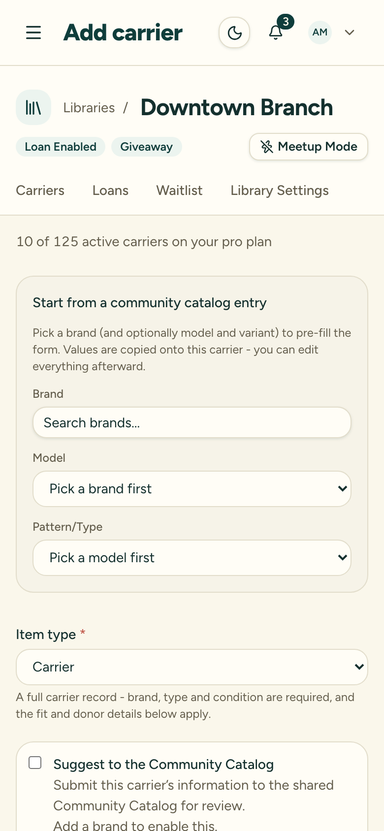 The top of the add-carrier form, showing the optional community-catalog pre-fill card above the Item type field