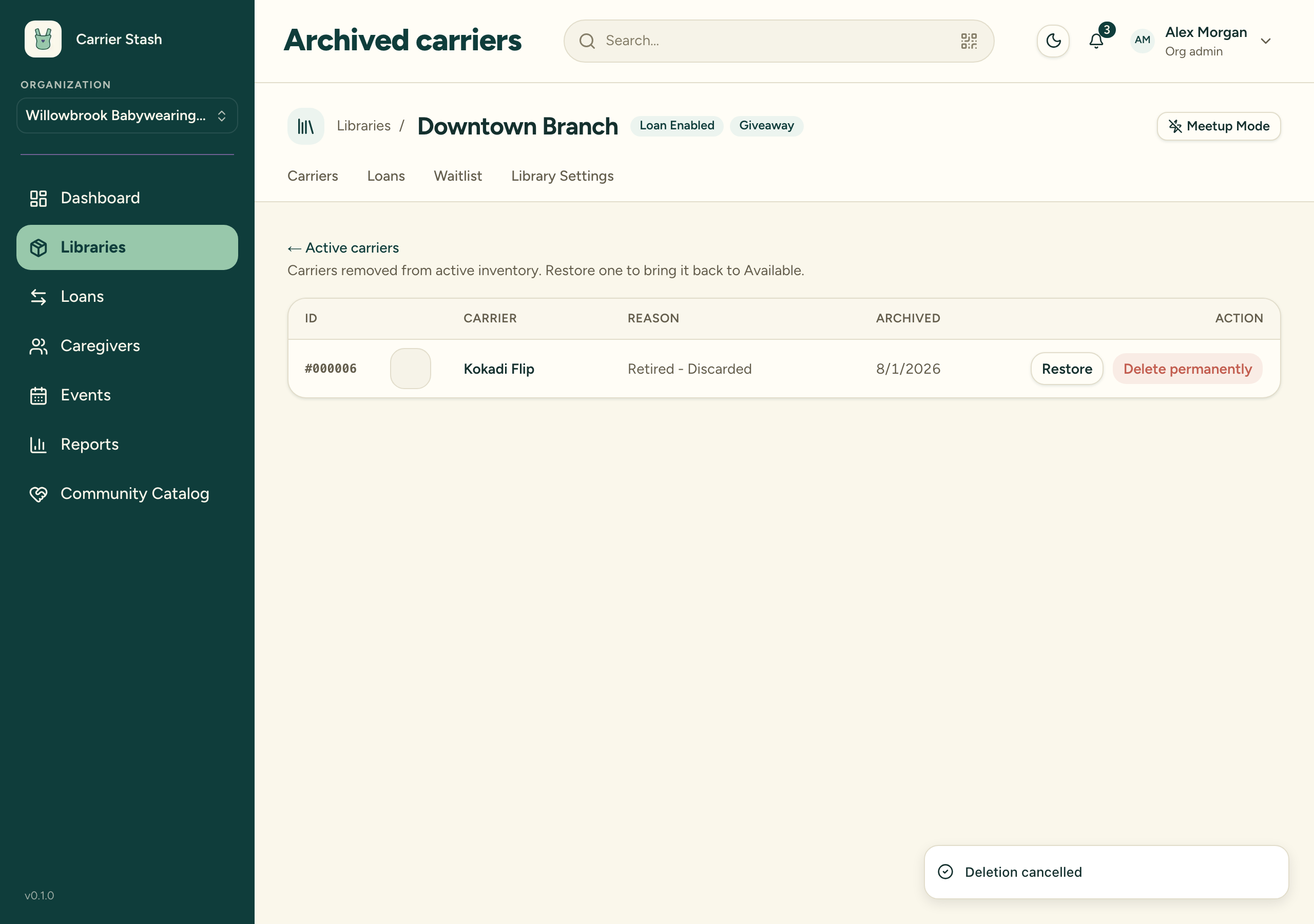 The Archived carriers view, listing each archived carrier's ID, name and archive reason, with a link back to active carriers