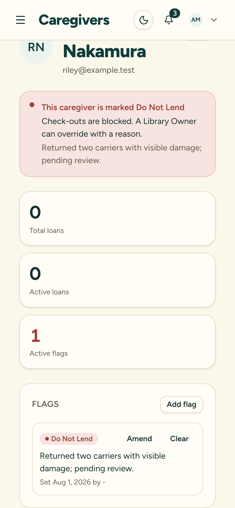 A caregiver record showing the Flags section with an active Do Not Lend flag and its reason
