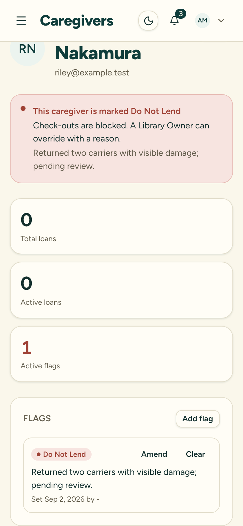 A caregiver record showing the Flags section with an active Do Not Lend flag and its reason