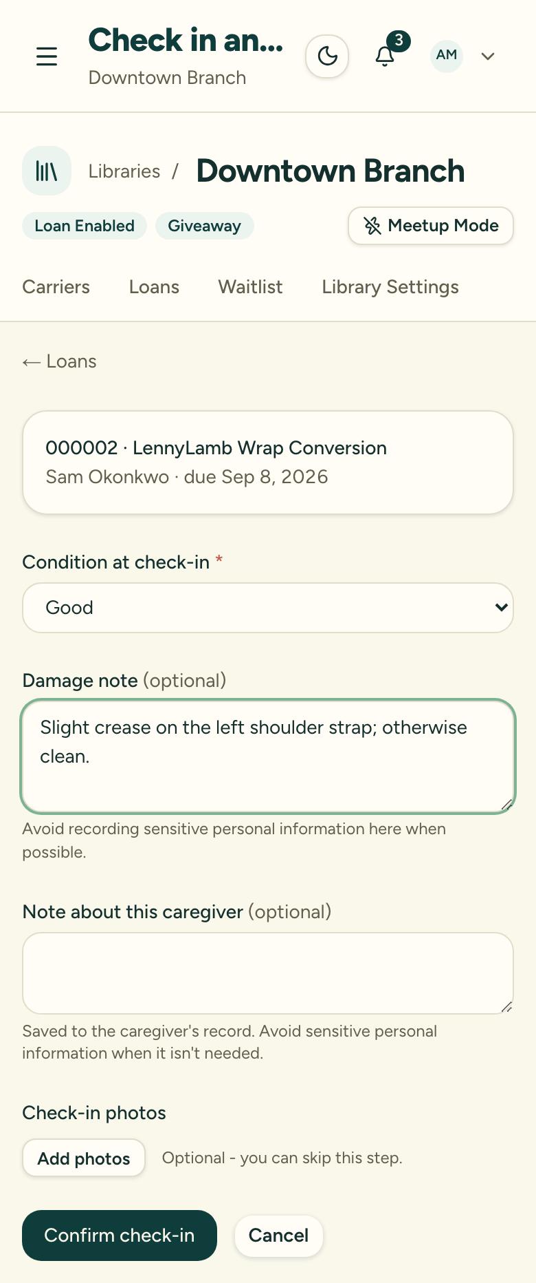 The check-in step showing the condition selector and the optional damage-note field filled in