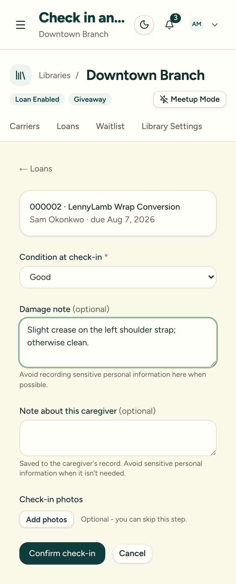 The check-in step showing the condition selector and the optional damage-note field filled in