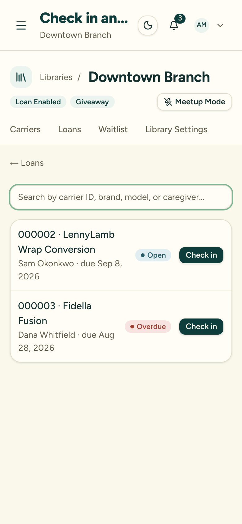 The check-in screen with a search box for finding an open loan by carrier ID, brand, model, or caregiver