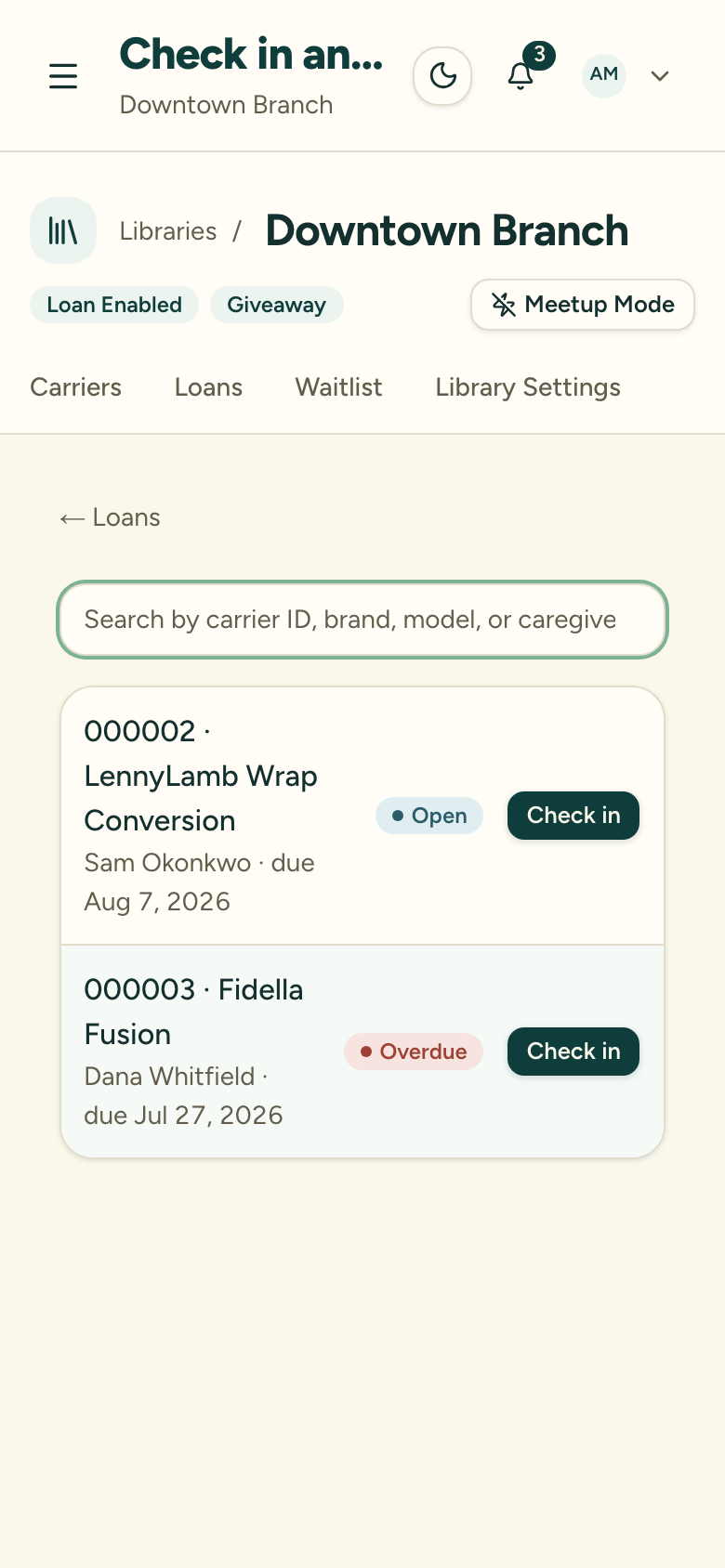 The check-in screen with a search box for finding an open loan by carrier ID, brand, model, or caregiver