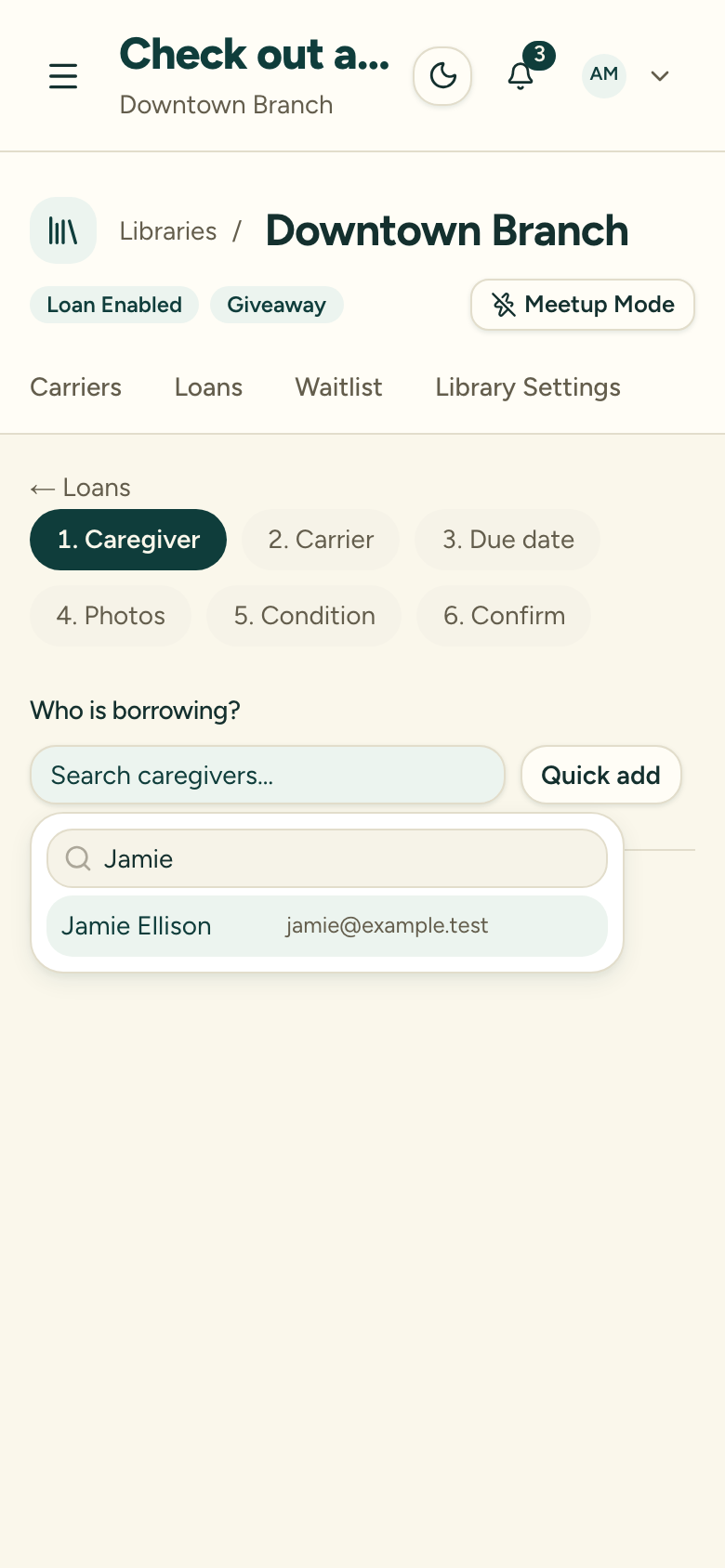 The check-out caregiver step with a search box for finding or quick-creating a caregiver
