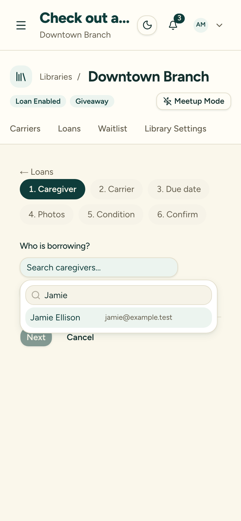 The check-out caregiver step with a search box for finding or quick-creating a caregiver