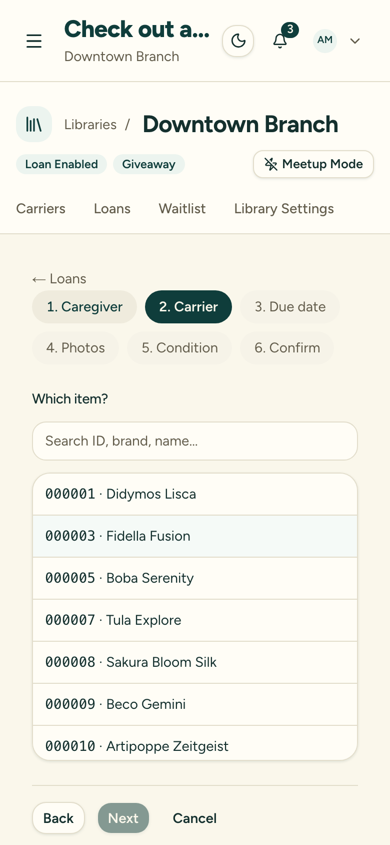 The check-out carrier step showing a searchable list of available carriers to pick from