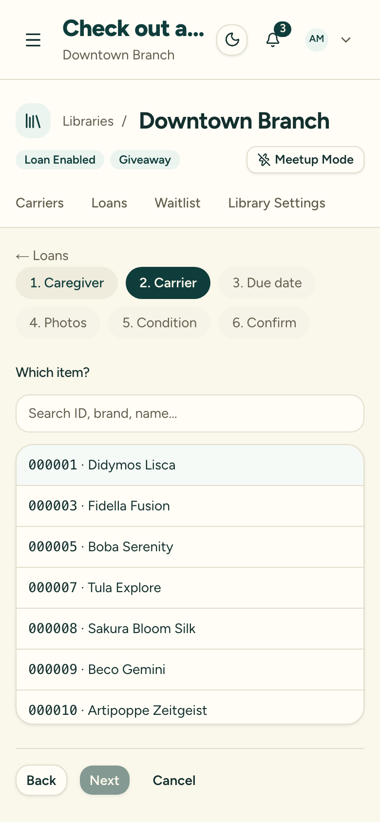 The check-out carrier step showing a searchable list of available carriers to pick from