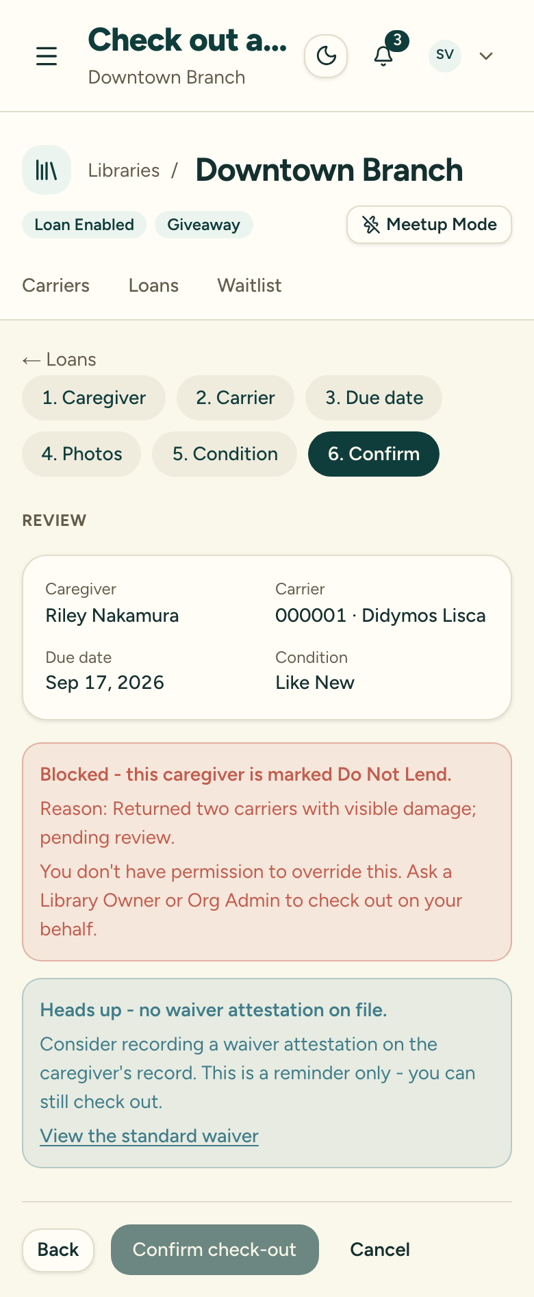 The check-out review step as a volunteer, showing the Do Not Lend block that prevents completing the check-out