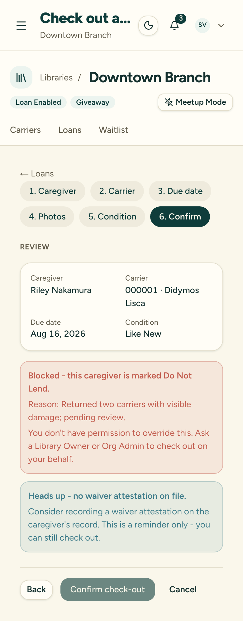 The check-out review step as a volunteer, showing the Do Not Lend block that prevents completing the check-out
