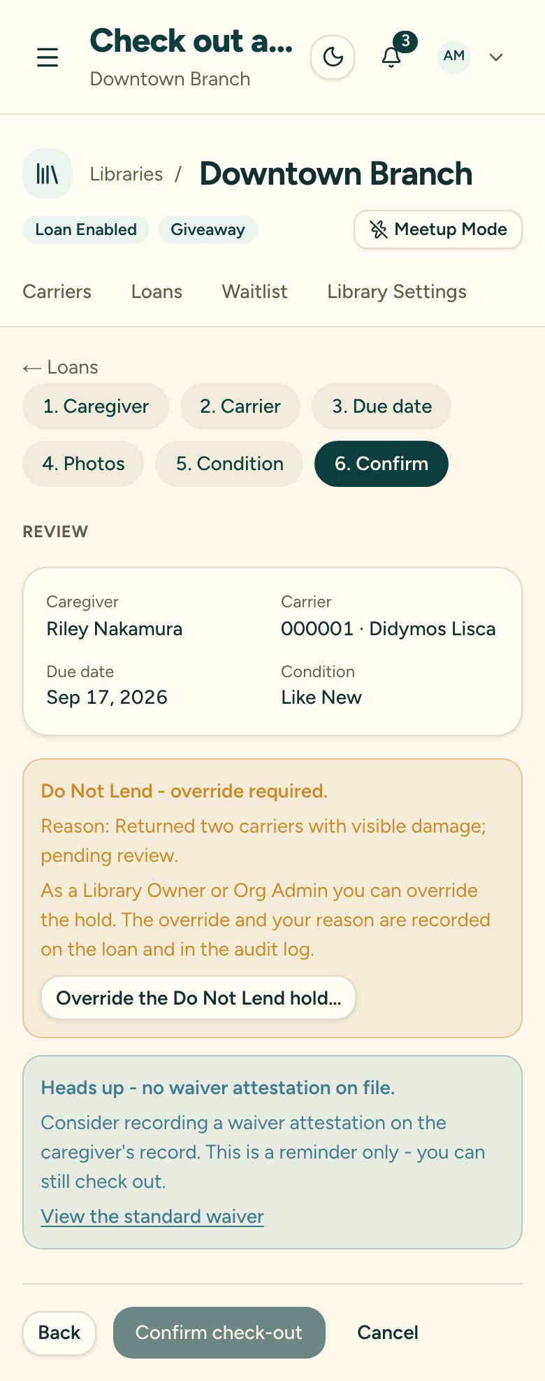 The check-out review step as a Library Owner, showing the Do Not Lend override-required notice with the Override the Do Not Lend hold button