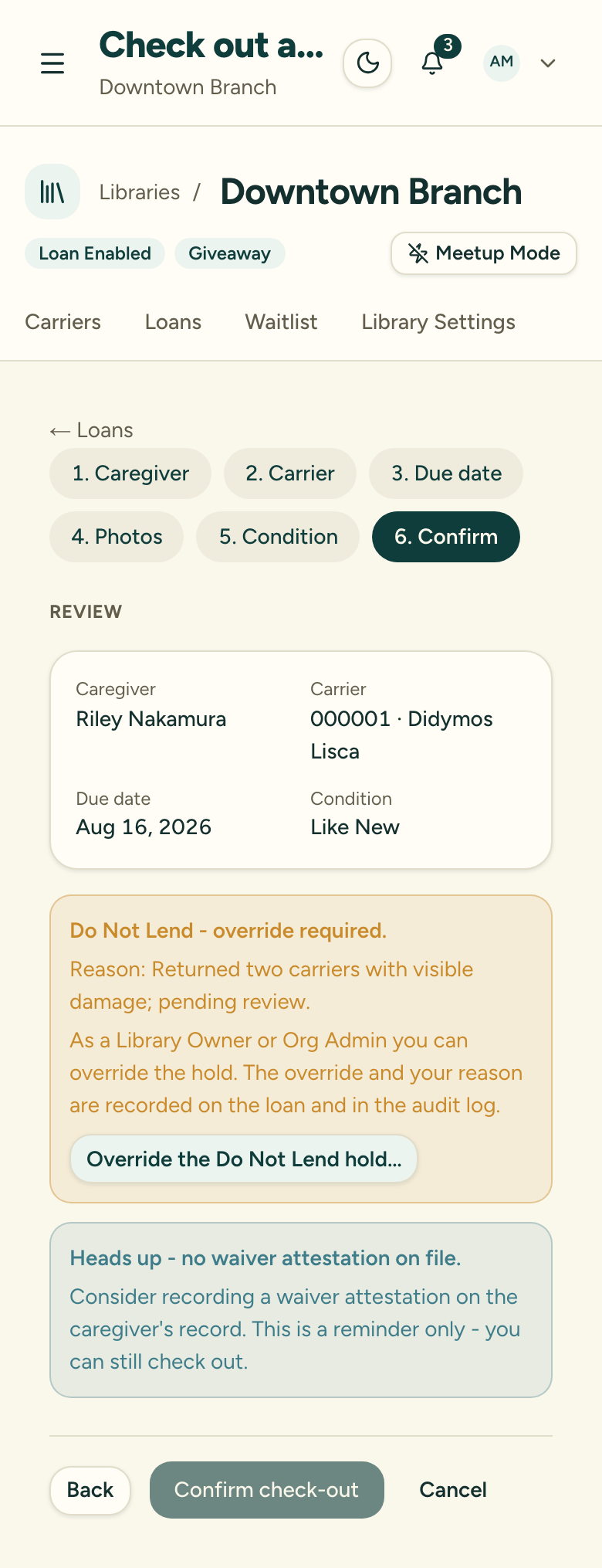The check-out review step as a Library Owner, showing the Do Not Lend override-required notice with the Override the Do Not Lend hold button