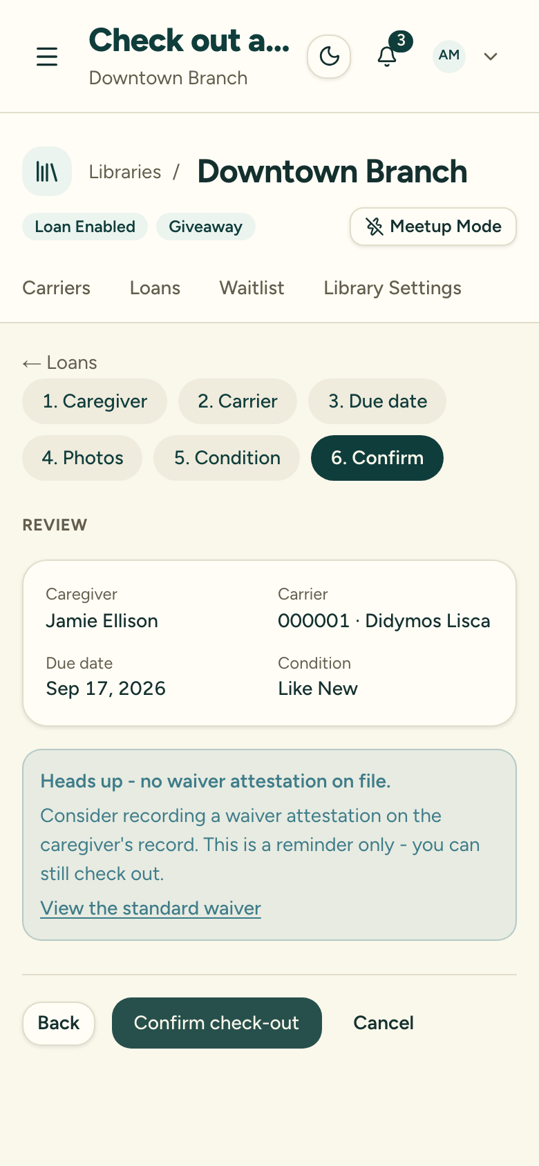 The check-out review step summarizing the caregiver, carrier, due date, and condition before confirming