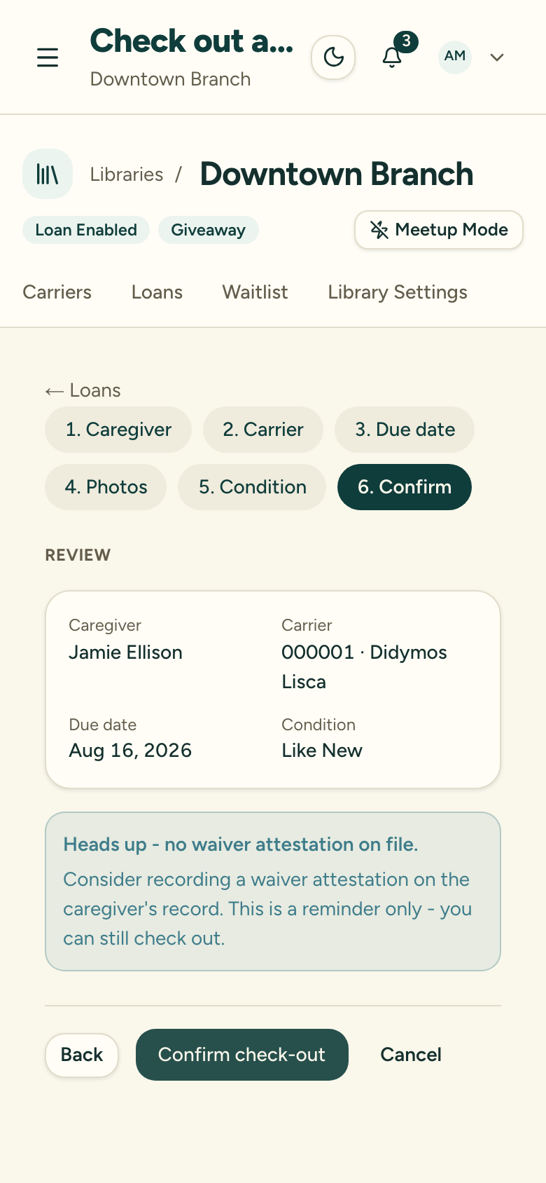 The check-out review step summarizing the caregiver, carrier, due date, and condition before confirming