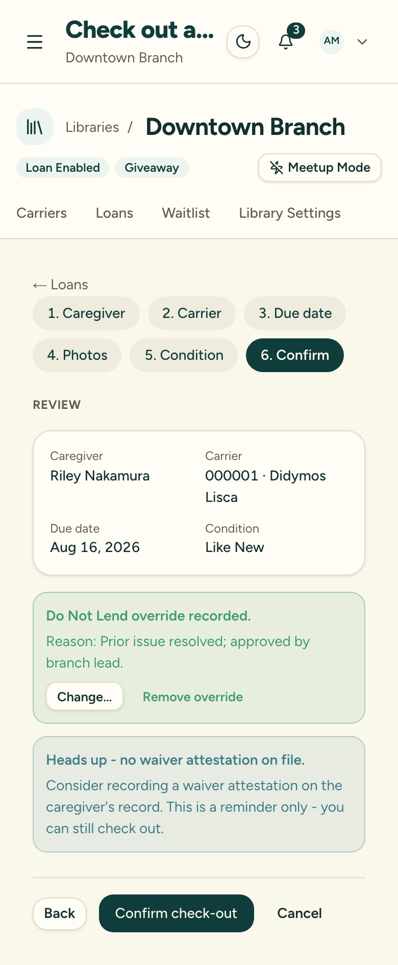 The check-out review step after overriding, showing the override-recorded confirmation with the reason