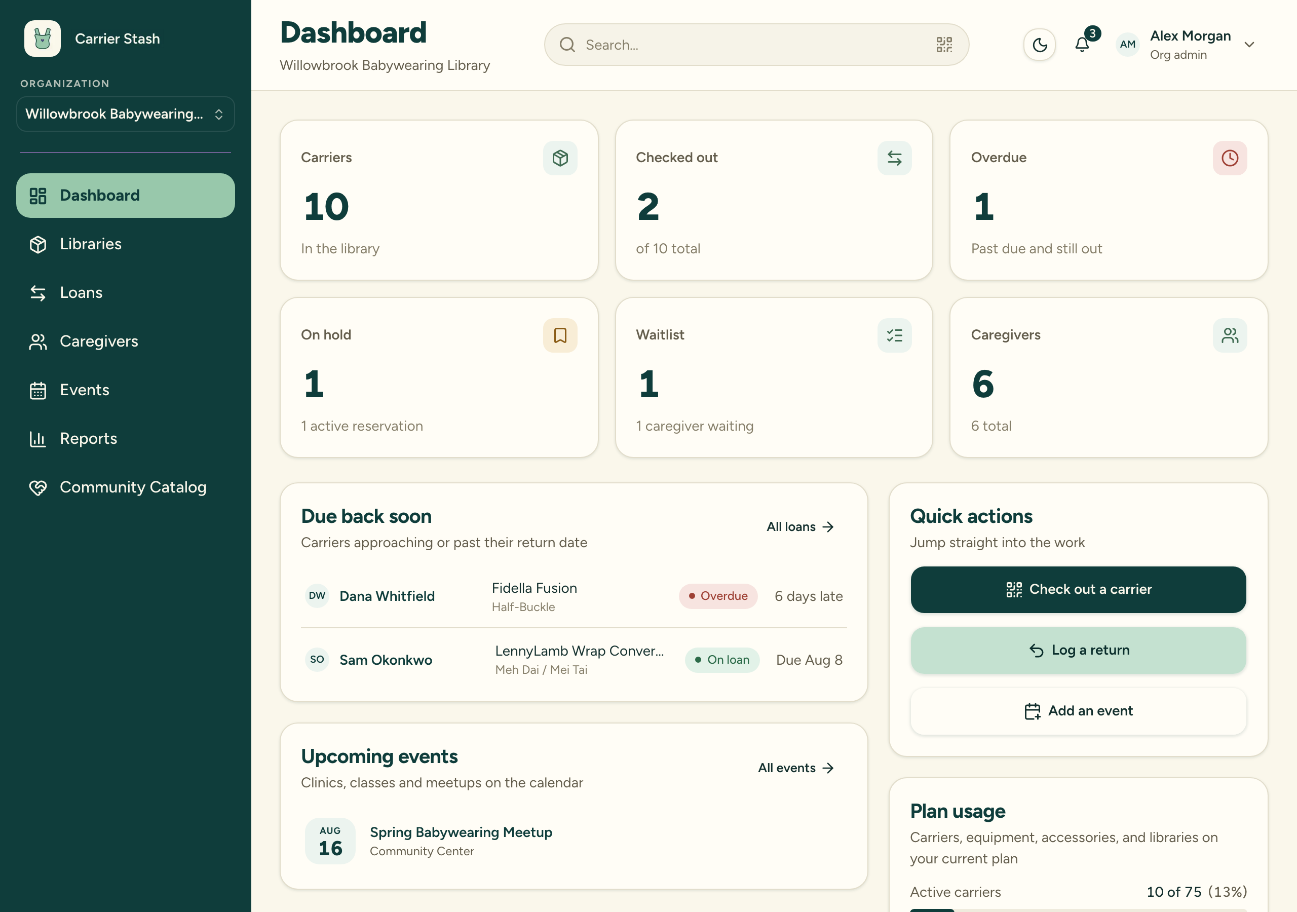 The Carrier Stash dashboard for a set-up organization, with count tiles for carriers, checked out, overdue and caregivers, a Due back soon list, Quick actions, upcoming events, and plan usage