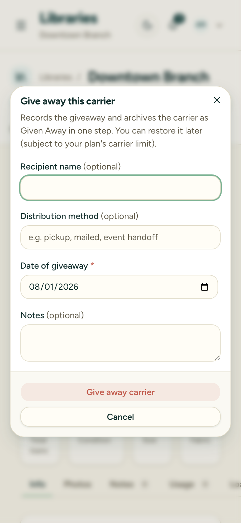 The Give Away dialog with fields for date of giveaway, recipient name, distribution method, and notes