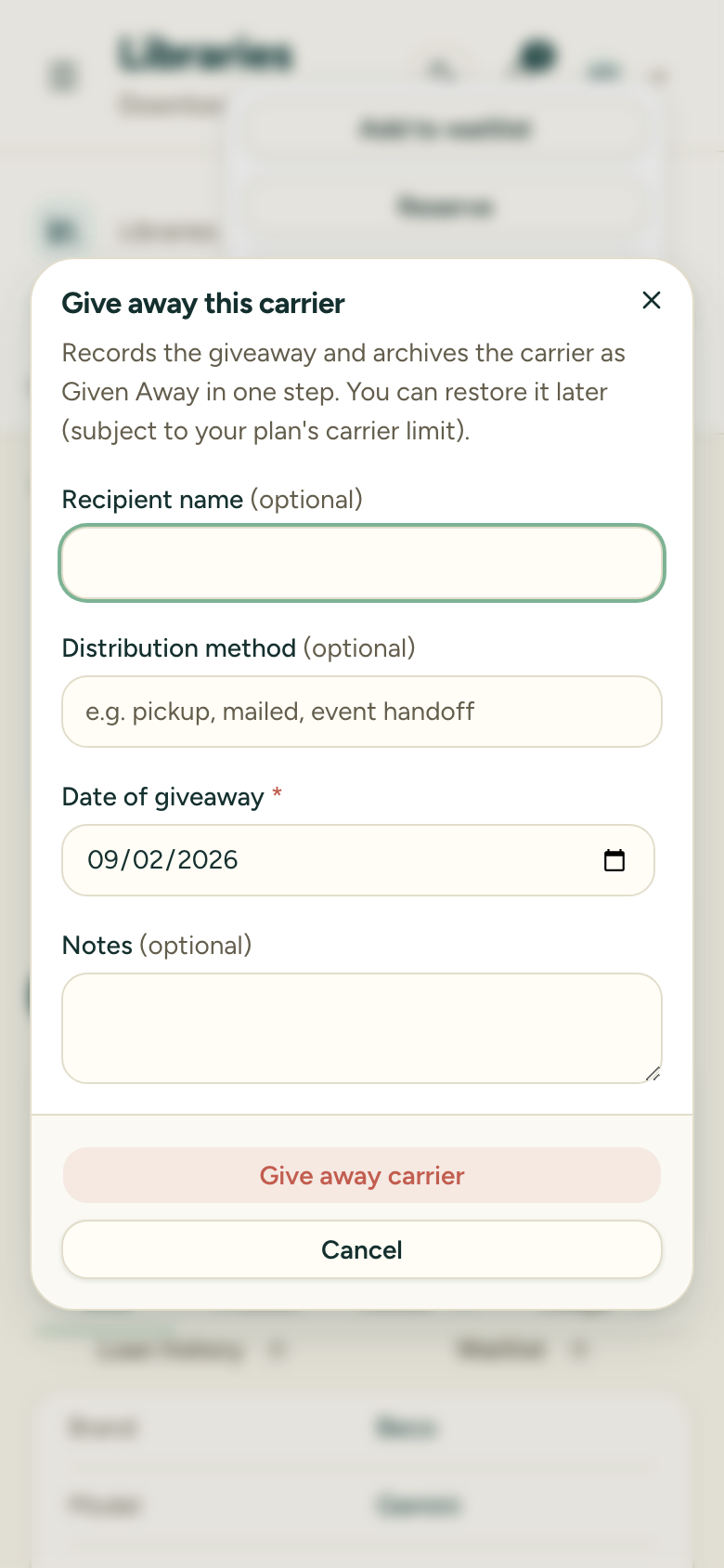 The Give Away dialog with fields for date of giveaway, recipient name, distribution method, and notes