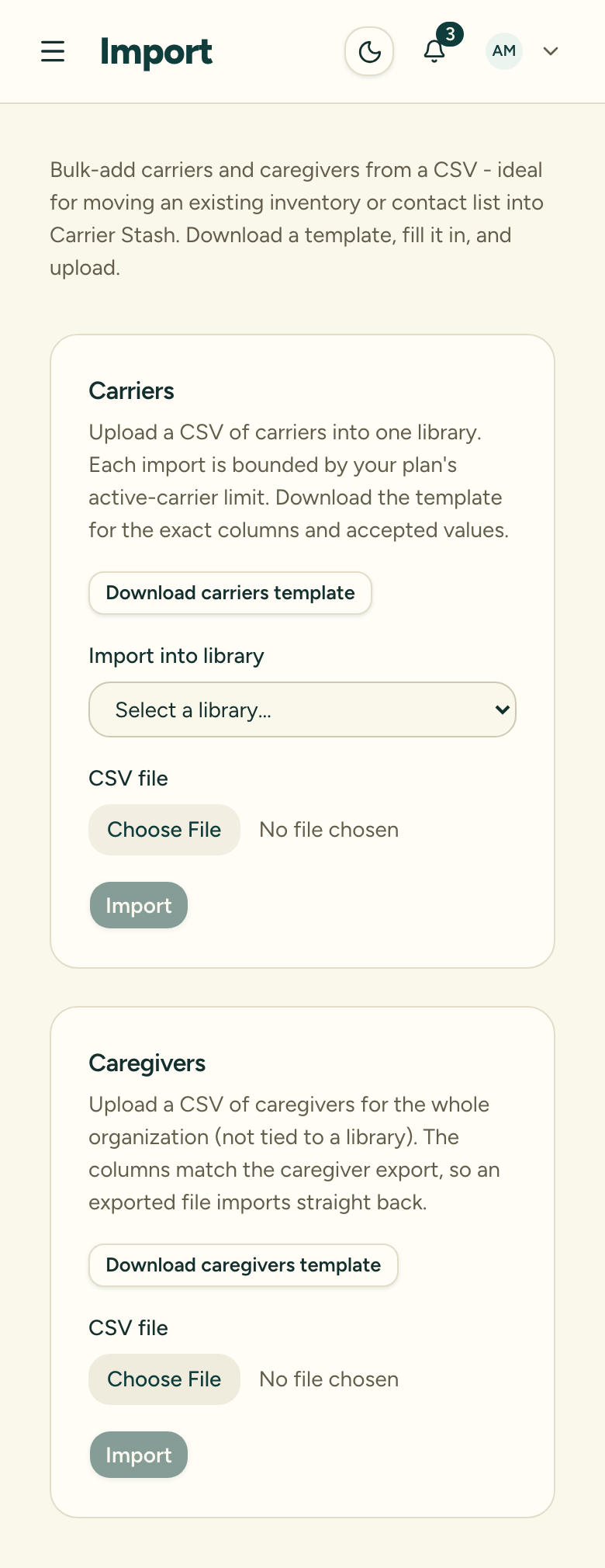 The Import page with separate carriers and caregivers sections, each offering a template download and a CSV upload