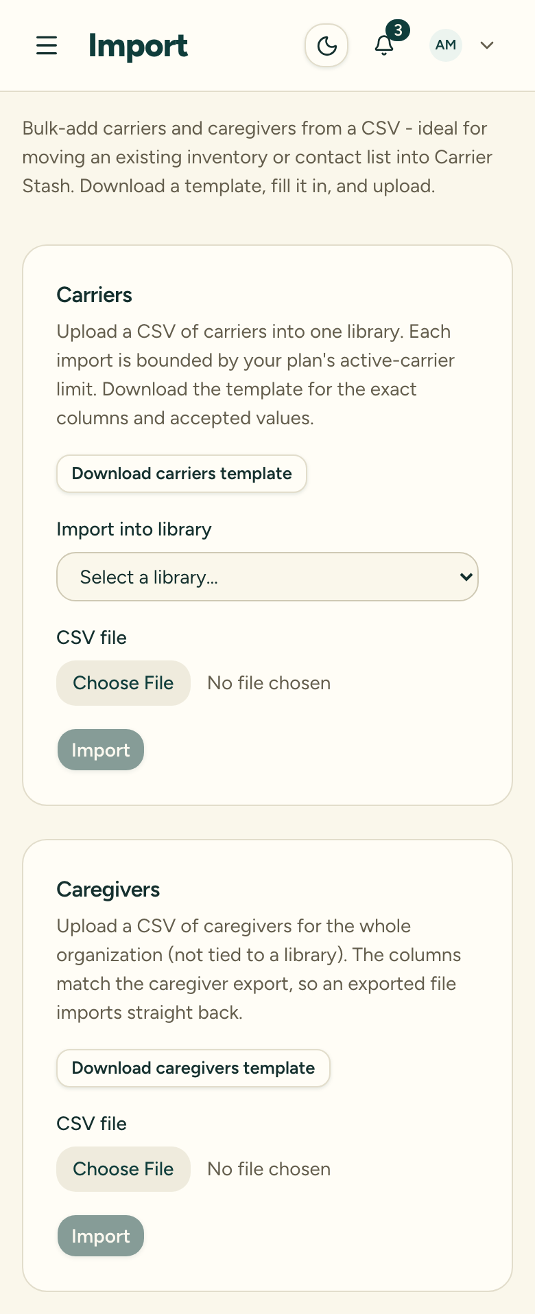 The Import page with separate carriers and caregivers sections, each offering a template download and a CSV upload