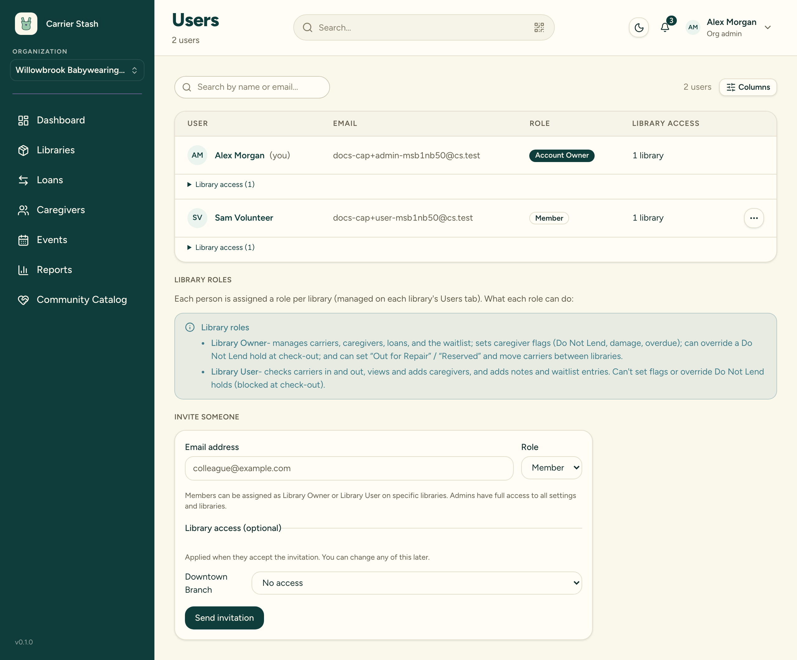 The Users page showing the member roster with each person's organization role, the Library roles reference explaining Library Owner and Library User, and the Invite someone form with an email address field, a Member/Admin role selector, and per-library access selectors