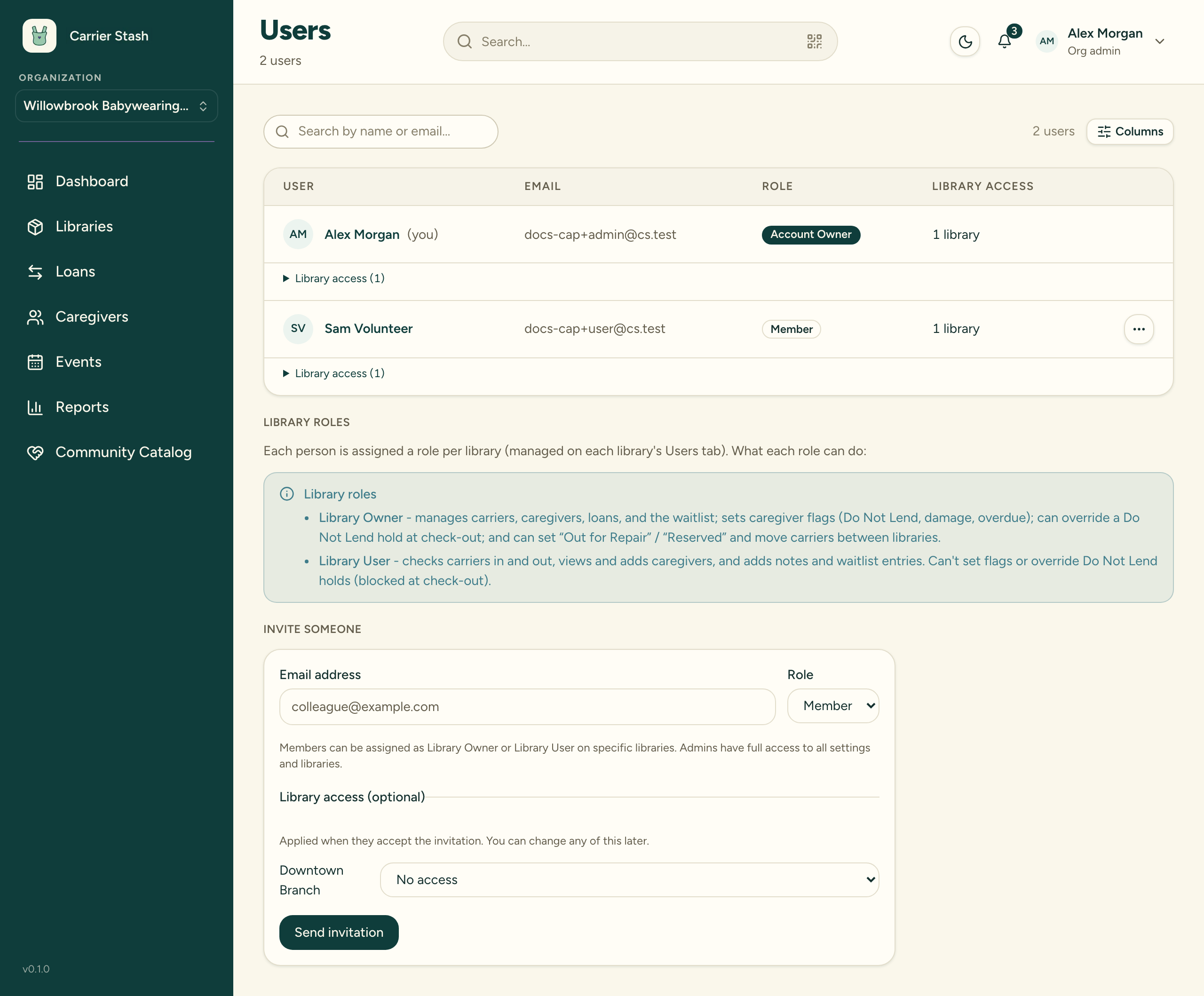 The Users page showing the member roster with each person's organization role, the Library roles reference explaining Library Owner and Library User, and the Invite someone form with an email address field, a Member/Admin role selector, and per-library access selectors