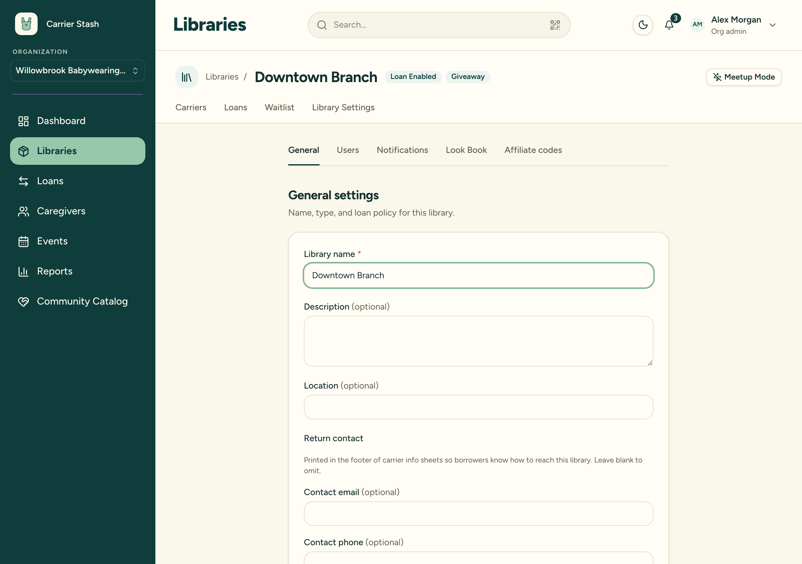 A library settings page showing its tabbed navigation across General, Users, Notifications, Look Book, and Affiliate codes