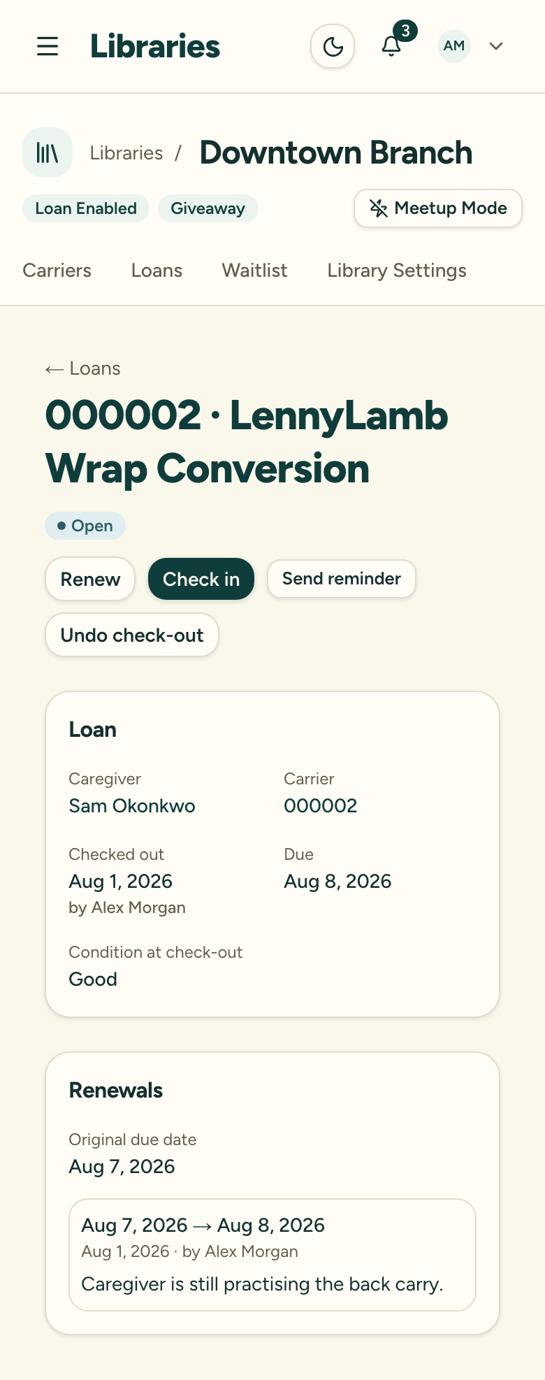 A loan detail page after renewing, with a Renewals card listing the original due date and the extension from the old date to the new one, stamped with who renewed it and the reason
