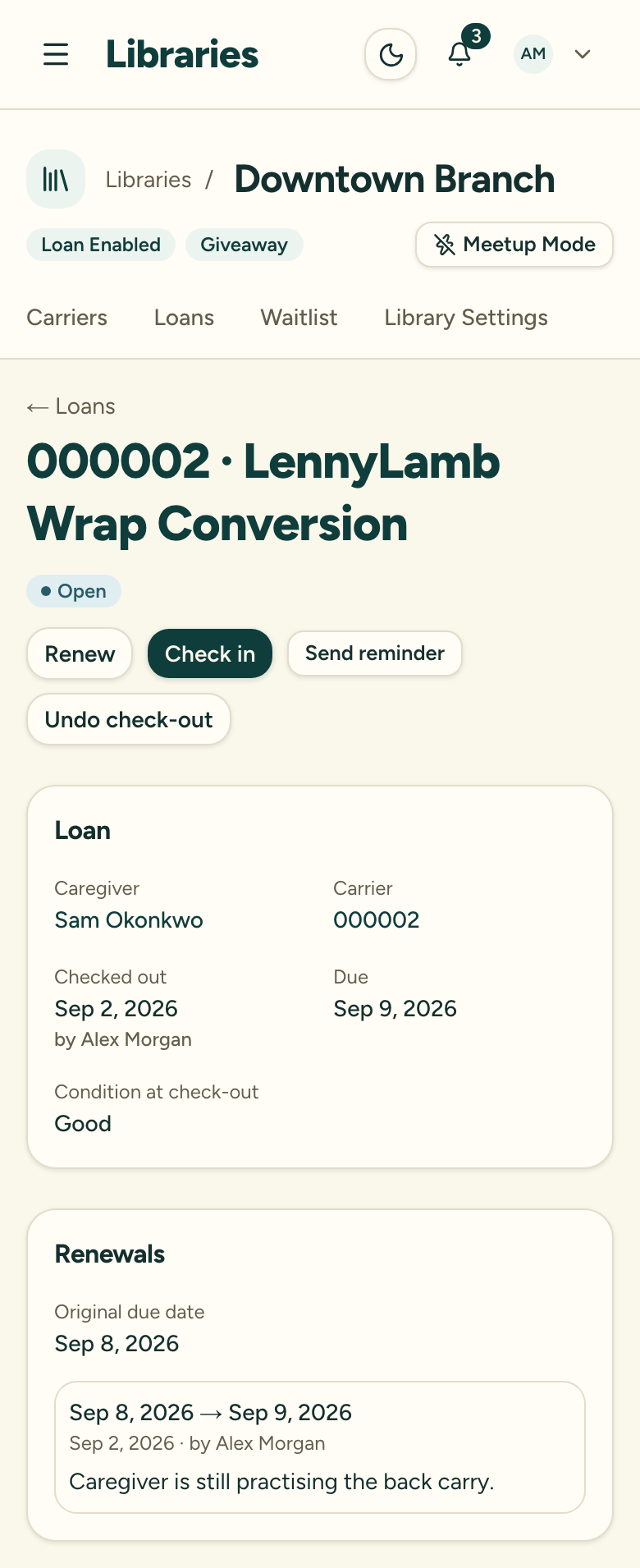 A loan detail page after renewing, with a Renewals card listing the original due date and the extension from the old date to the new one, stamped with who renewed it and the reason