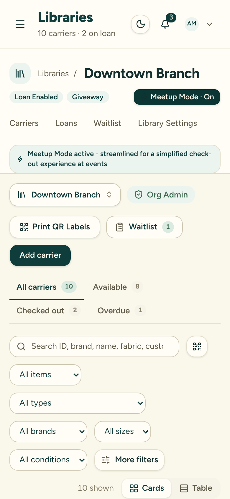 The library header with Meetup Mode on, showing the Meetup Mode · On button and the active-mode banner beneath it