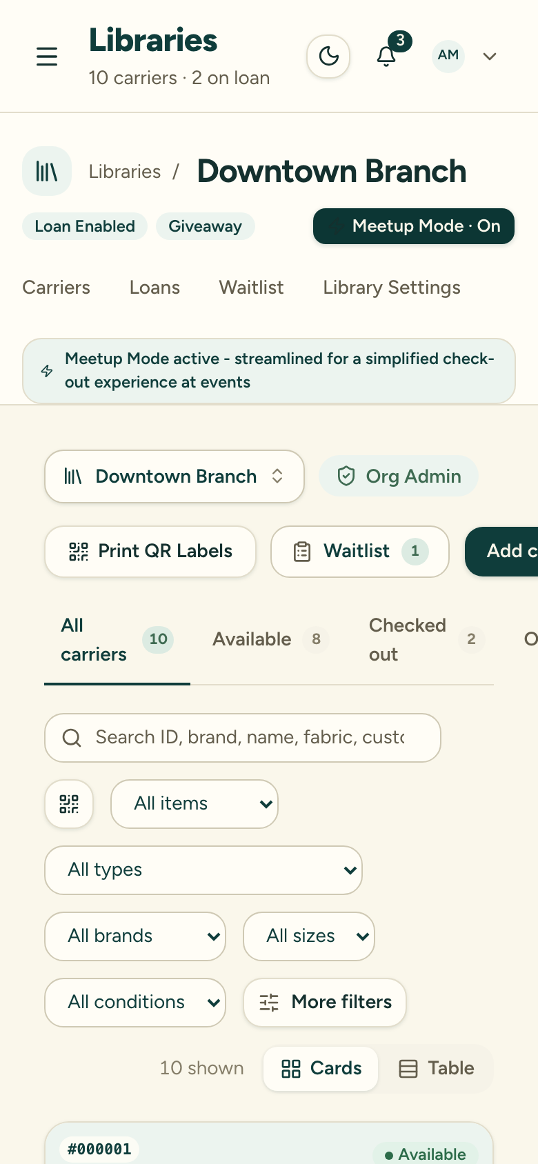 The library header with Meetup Mode on, showing the Meetup Mode · On button and the active-mode banner beneath it