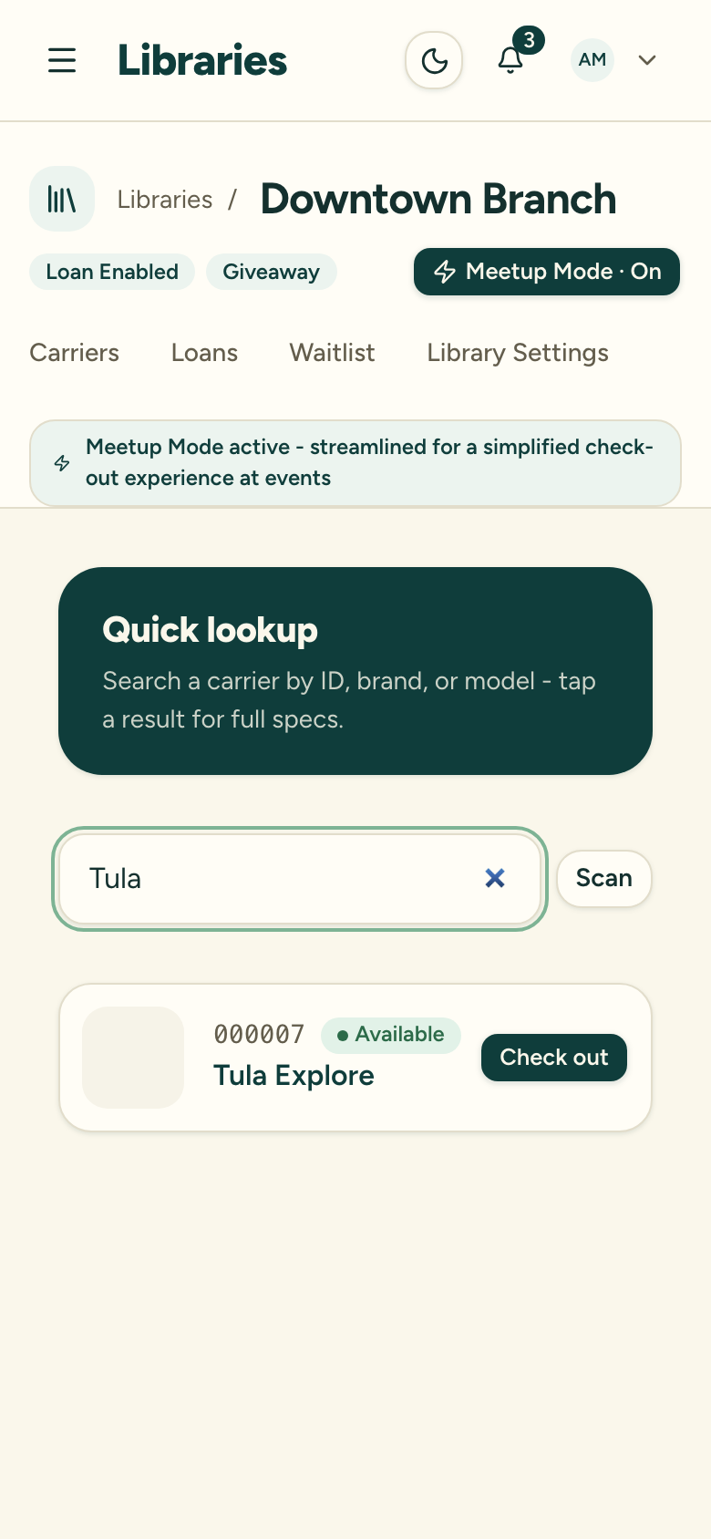 The Meetup Mode Quick lookup screen with a large search box for finding a carrier by ID, brand, or model