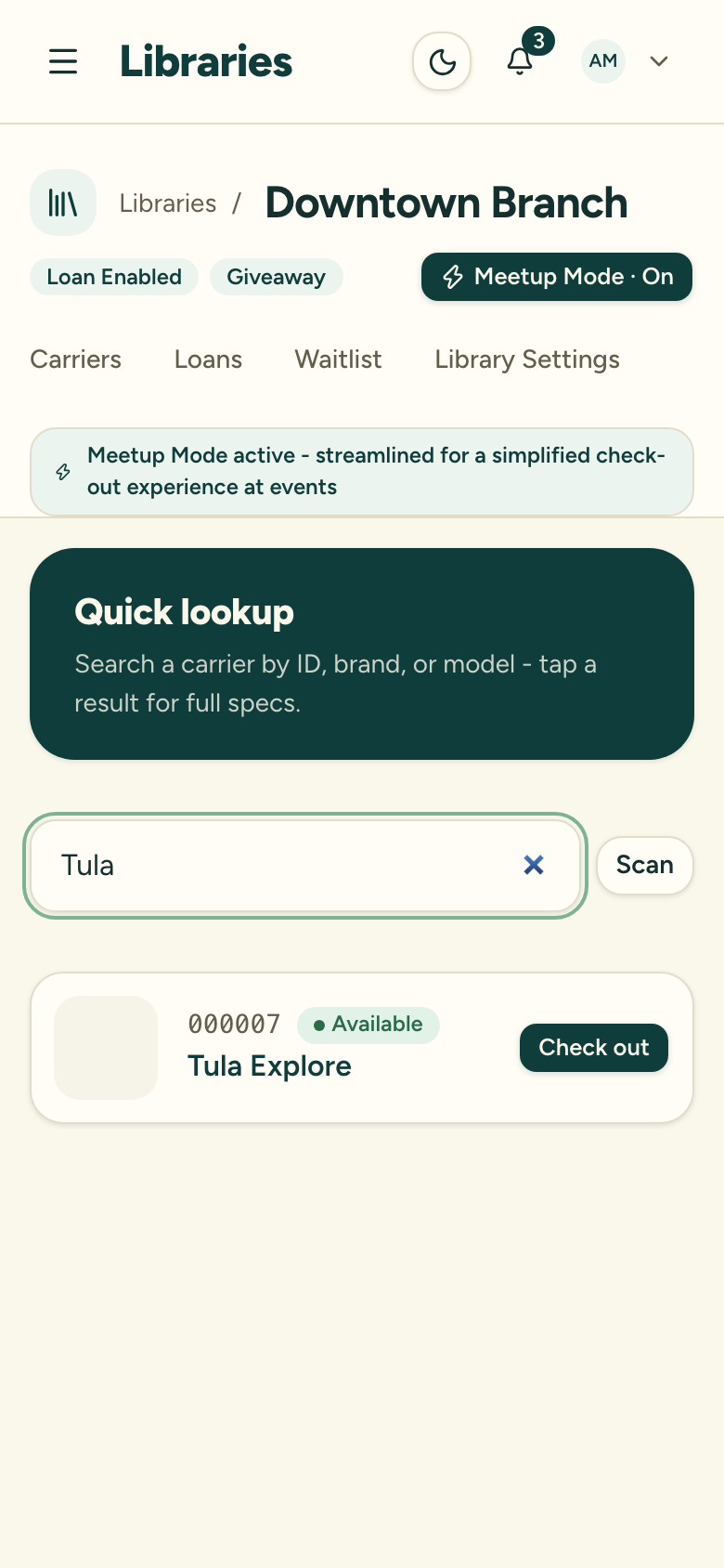 The Meetup Mode Quick lookup screen with a large search box for finding a carrier by ID, brand, or model