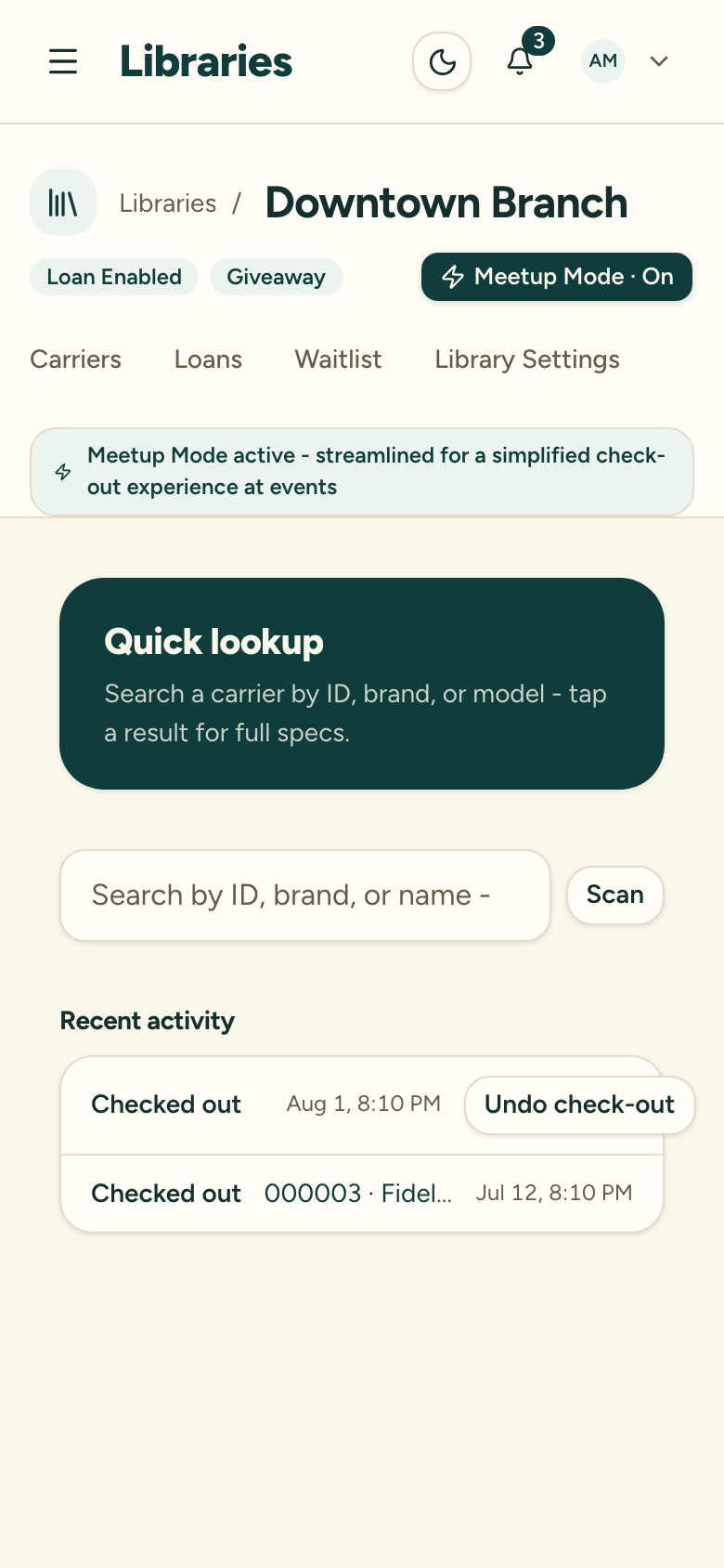 The Meetup Mode Recent activity panel listing recent loan events, with an Undo check-out button on a check-out made by the current user