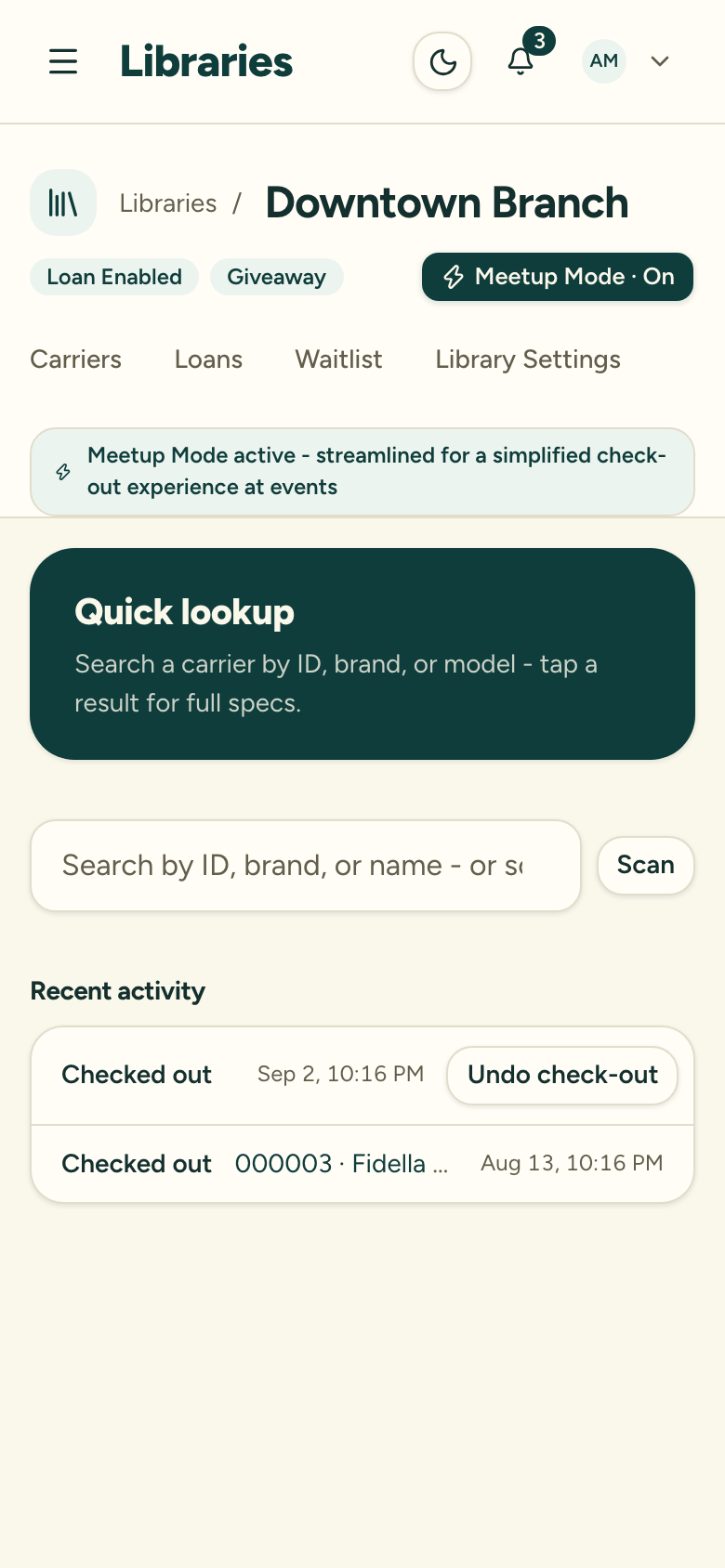 The Meetup Mode Recent activity panel listing recent loan events, with an Undo check-out button on a check-out made by the current user