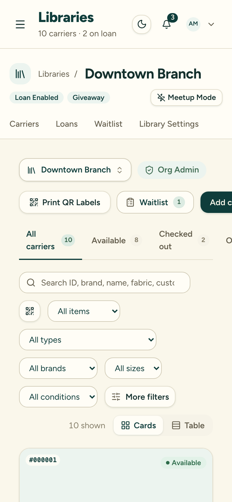 The library header with the Meetup Mode toggle button