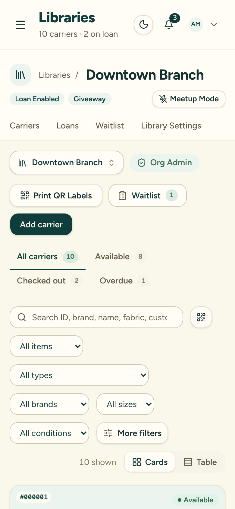 The library header with the Meetup Mode toggle button