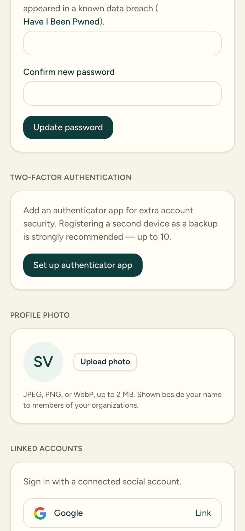 The Two-factor authentication section of the My account page, with the Set up authenticator app button