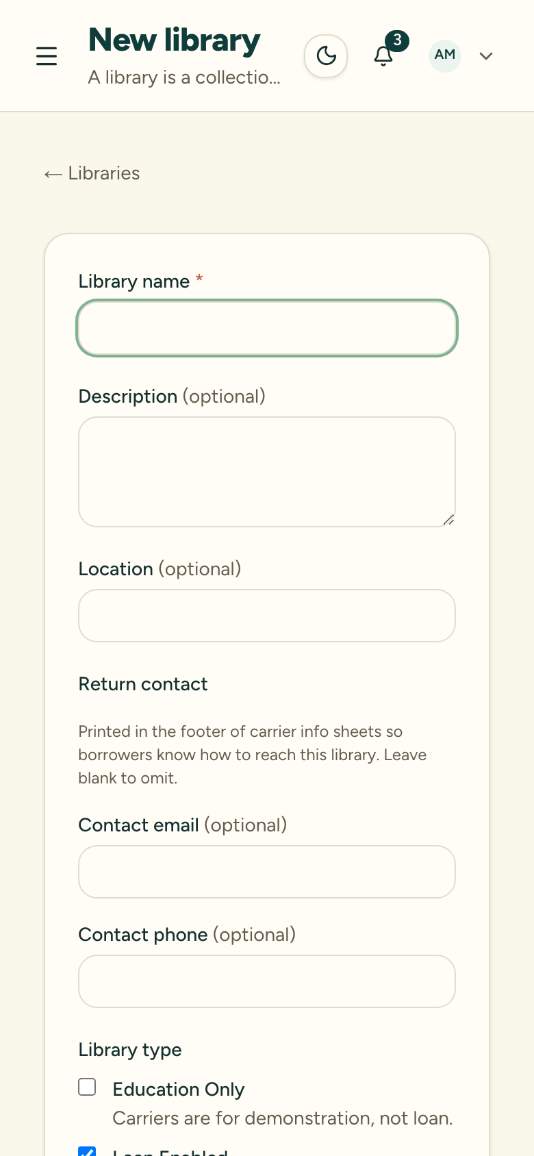 The top of the New library form, with the library name, description and location fields, the return-contact section, and the start of the Library type checkboxes
