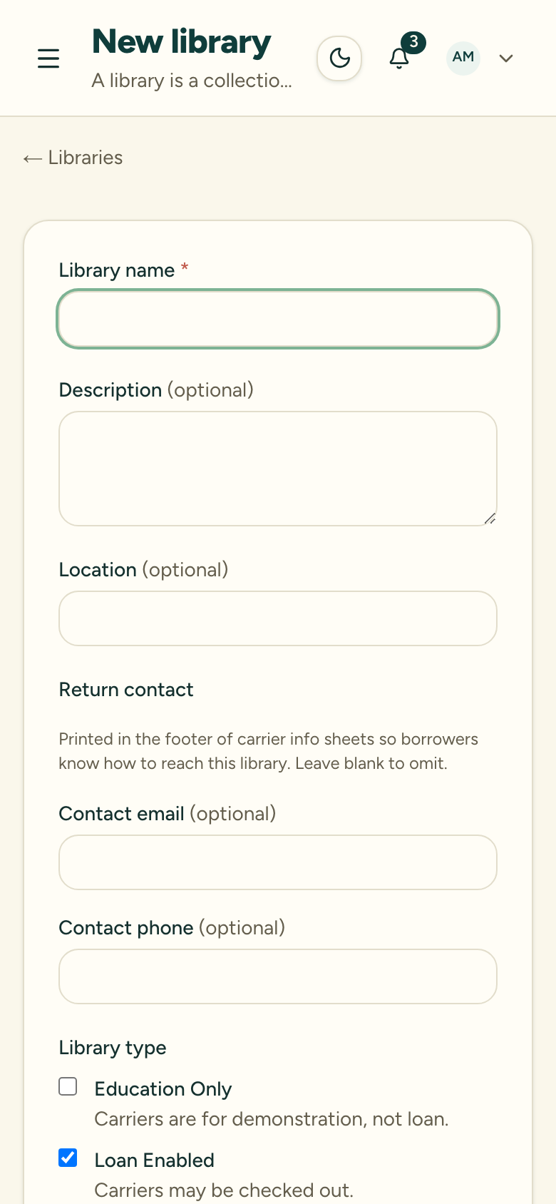 The top of the New library form, with the library name, description and location fields, the return-contact section, and the start of the Library type checkboxes