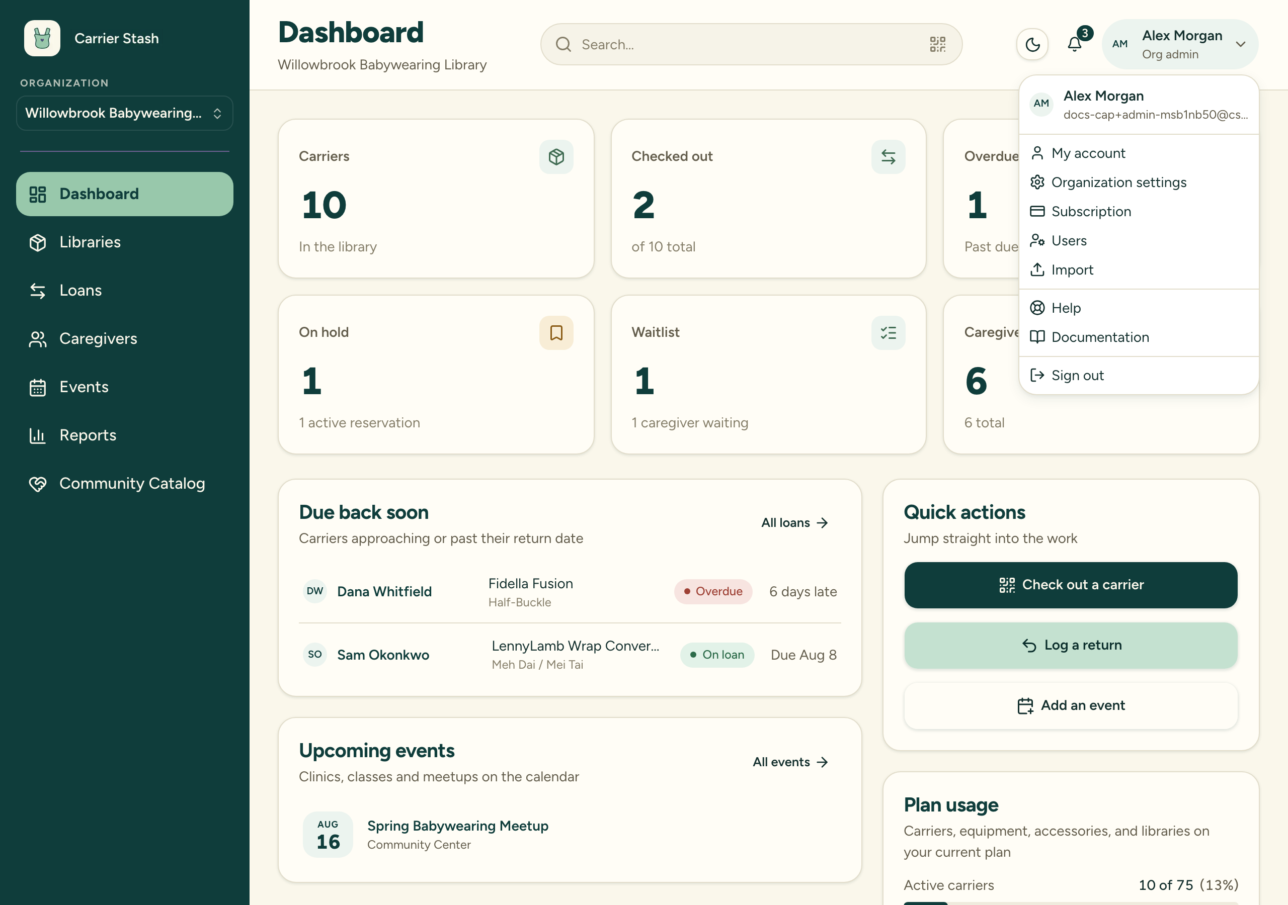 The topbar user menu open for an Org Admin, showing the admin-only Organization settings, Subscription, and Users entries alongside My account and Import
