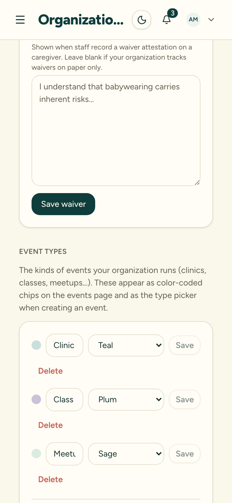 The organization settings Event types section listing color-coded event types
