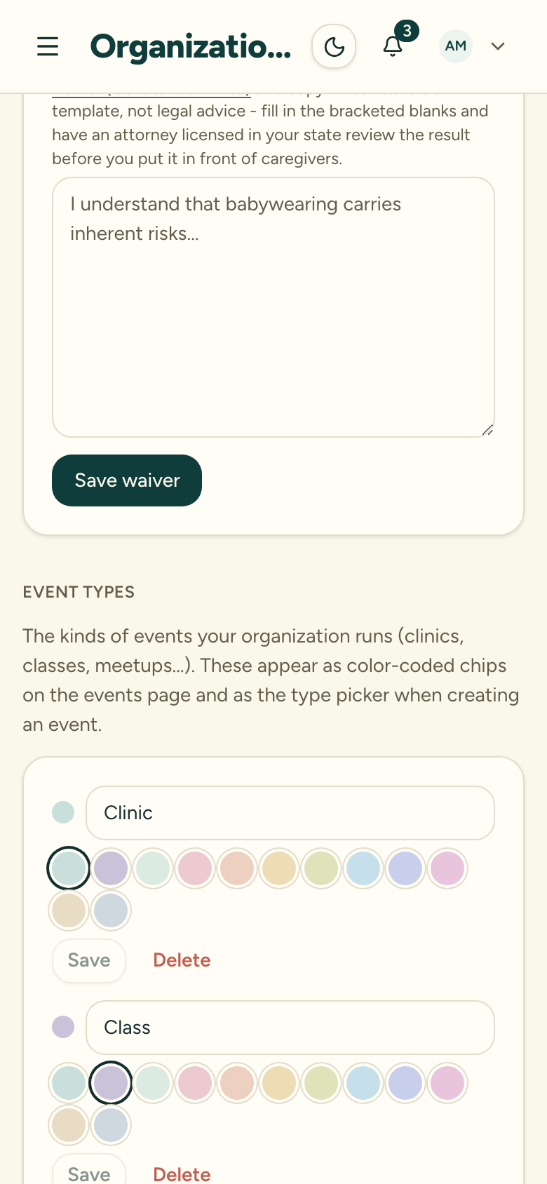 The organization settings Event types section listing color-coded event types