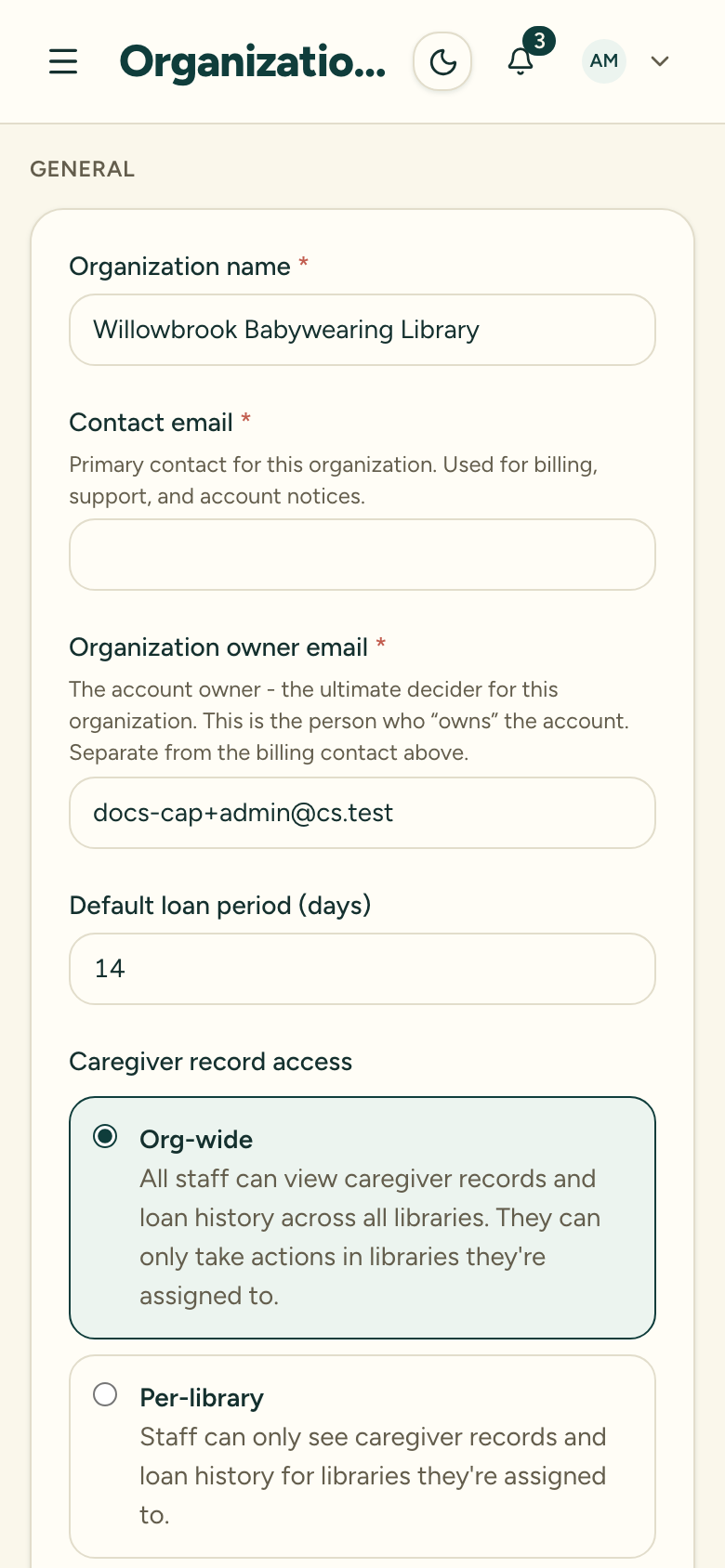 The organization settings General section with the name, contact email, and default loan period fields