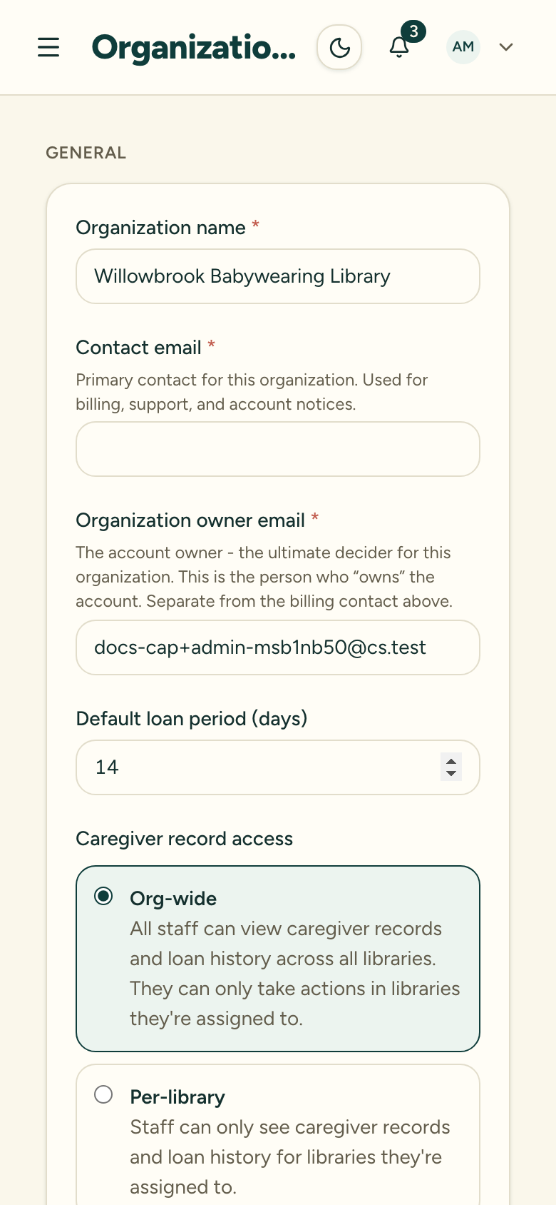 The organization settings General section with the name, contact email, and default loan period fields